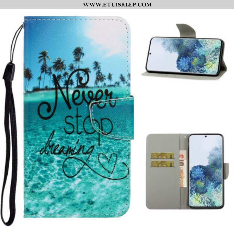 Etui Folio do Samsung Galaxy S21 5G z Łańcuch Granatowy Pasek Na Ramiączkach Never Stop Dreaming